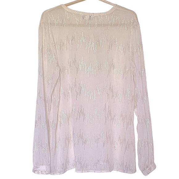 Christopher & Bank Blouse Glam Satin Ivory & Silver M Relax Long Sleeve Button - Picture 2 of 10